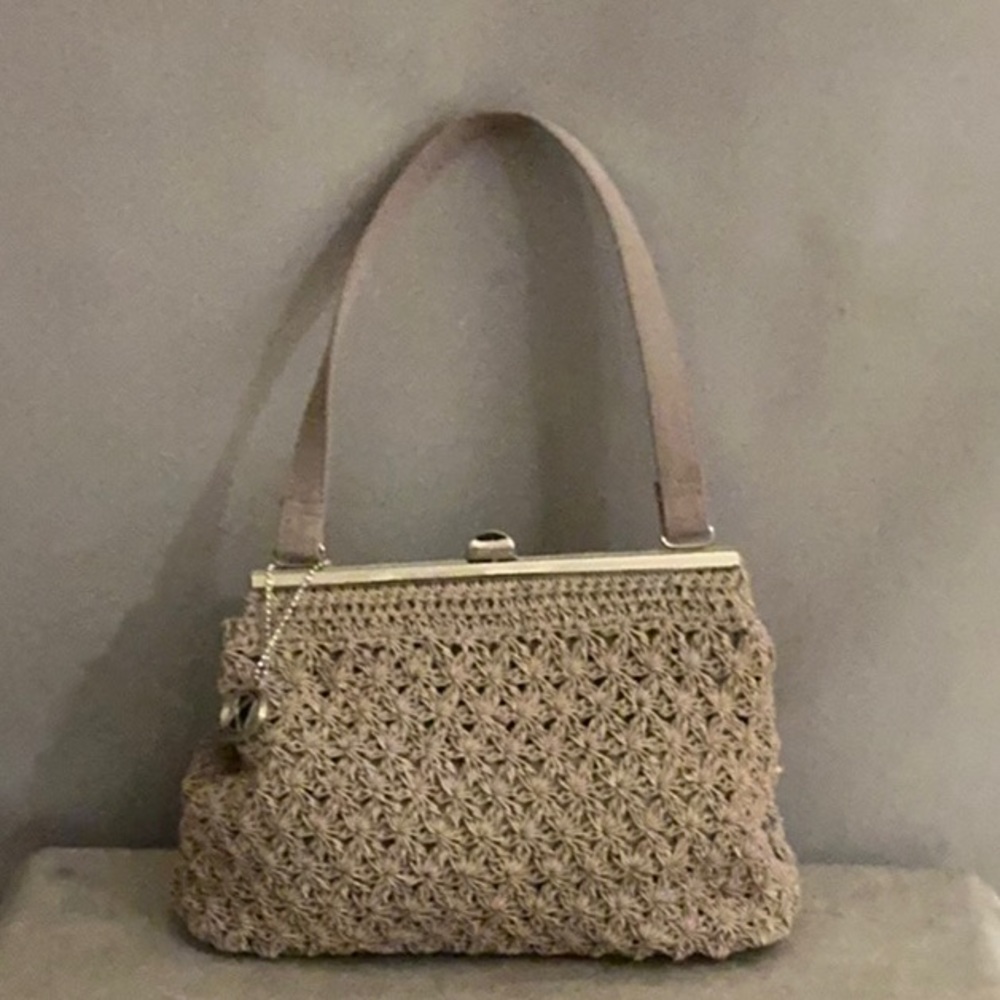 kathy ireland taupe woven frame shoulder bag